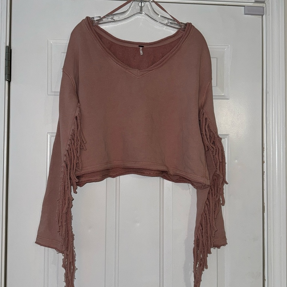 Free People Pink Boho Cropped Fringe Southwest Pullover Sweater Size XS